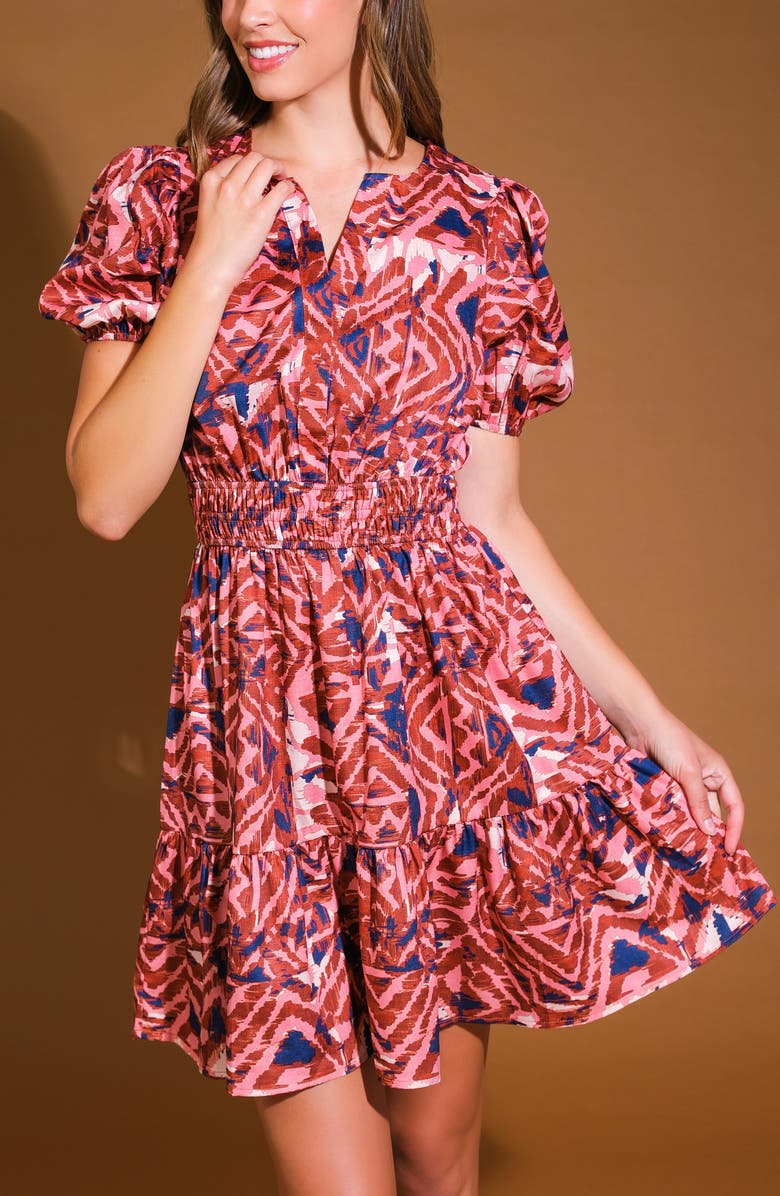 FLYING TOMATO Print Puff Sleeve Minidress, Alternate, color, Brown Navy