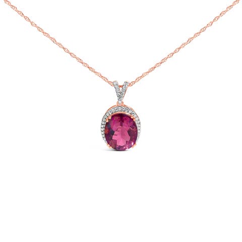14K Rose Gold Vermeil Sterling Silver 1/5 Cttw Diamond Pink Quartz Oval Pendant Necklace