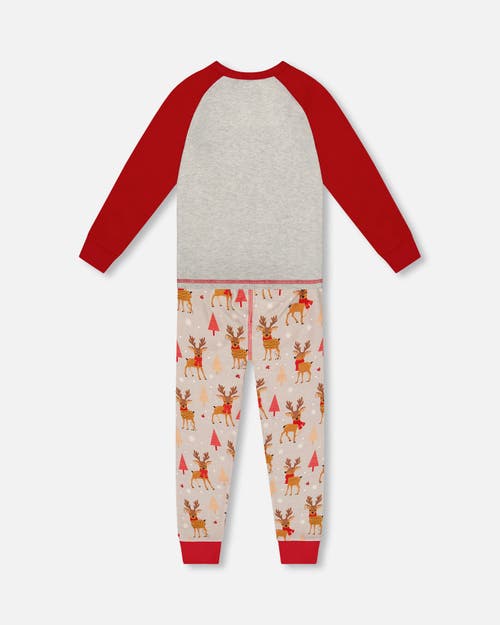 Deux Par Deux Two-piece Organic Cotton Pajama Set Reindeer In Sand
