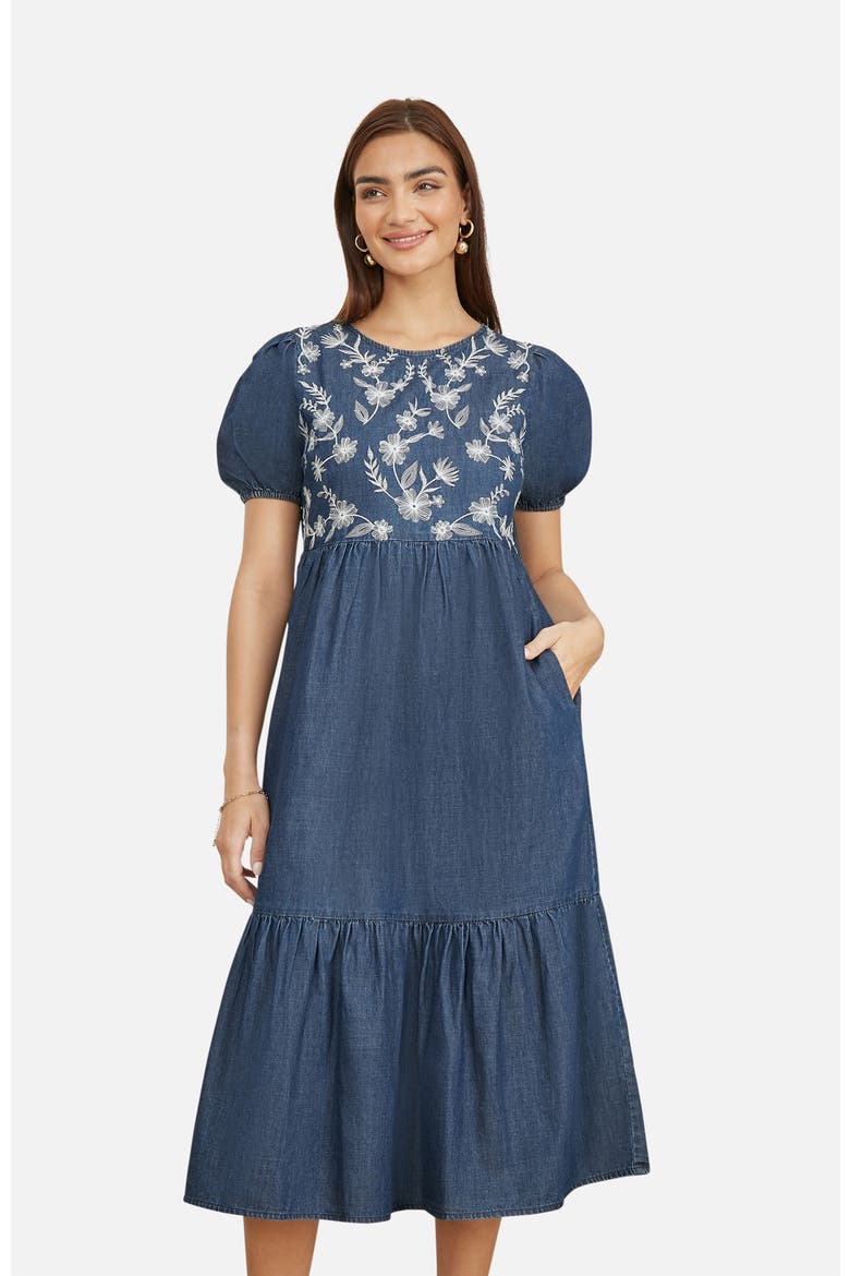 Floral Embroidered Puff Sleeve Dress, Alternate, color, Blue