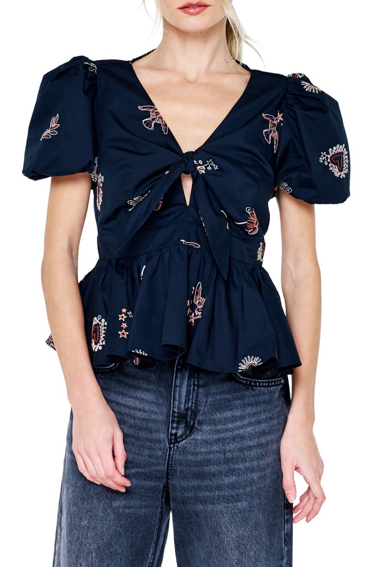 Liyana Embroidered Tie Front Peplum Top, Main, color, BLACK