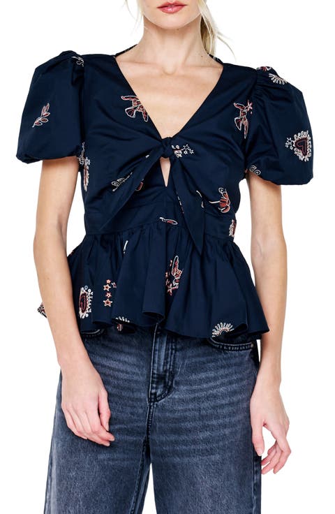 Liyana Embroidered Tie Front Peplum Top