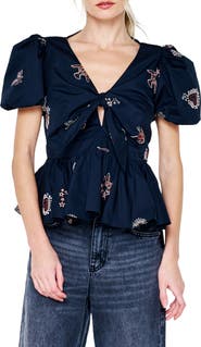CIEBON Liyana Embroidered Tie Front Peplum Top