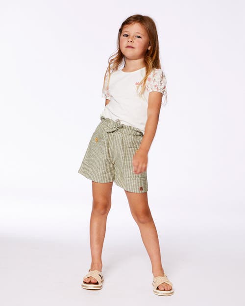DEUX PAR DEUX DEUX PAR DEUX LITTLE GIRL'S LINEN SHORT WITH POCKETS MEDIUM GREEN AND CREAM STRIPED