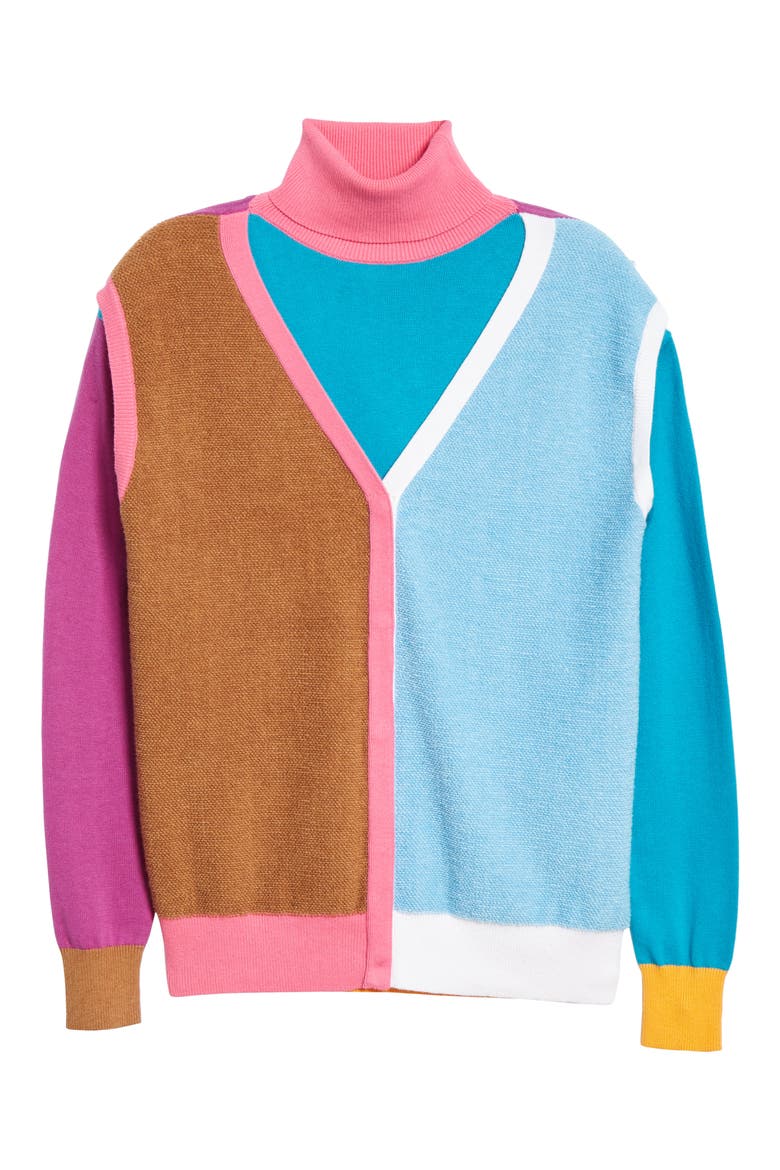 Layered Cotton & Cashmere Sweater, Alternate, color, PINK/BLUE/SAND COMBO