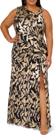 Adrianna Papell Women's Plus Foil Leaf Asymmetric Gown - Green - Size 18 - Sage/Gold