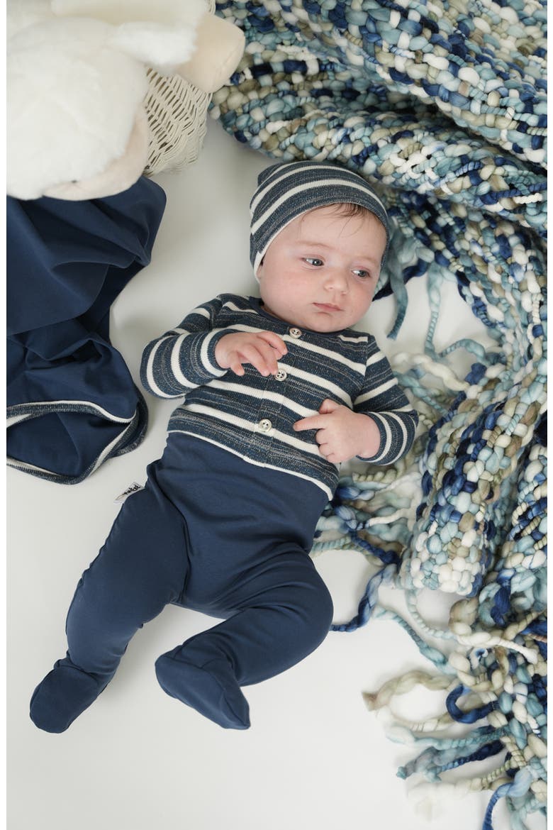 Stripe Sweater Footie, Alternate, color, WHITE/ BLUE