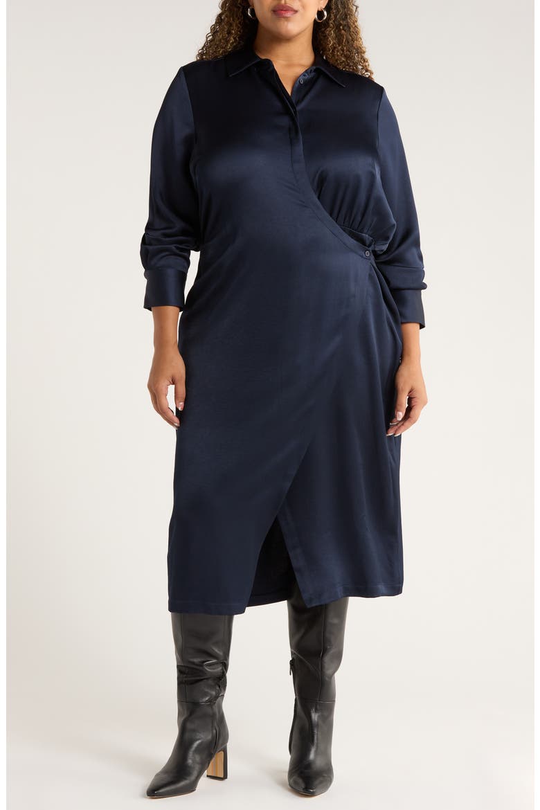 Long Sleeve Satin Shirtdress, Main, color, NAVY NIGHT