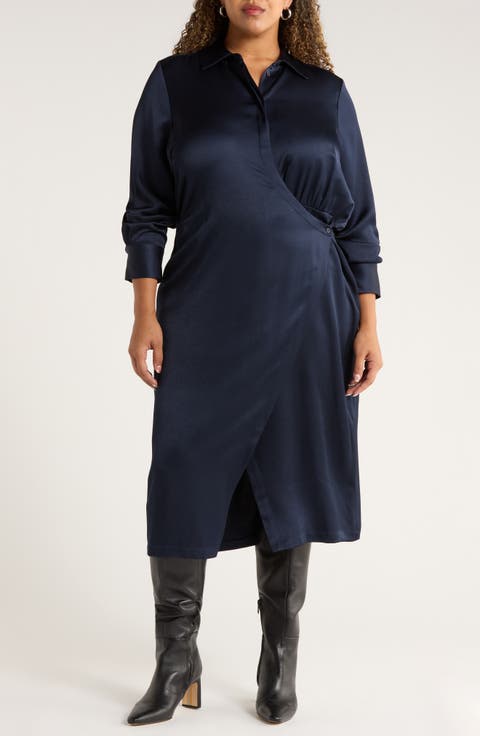 Long Sleeve Satin Shirtdress (Plus)