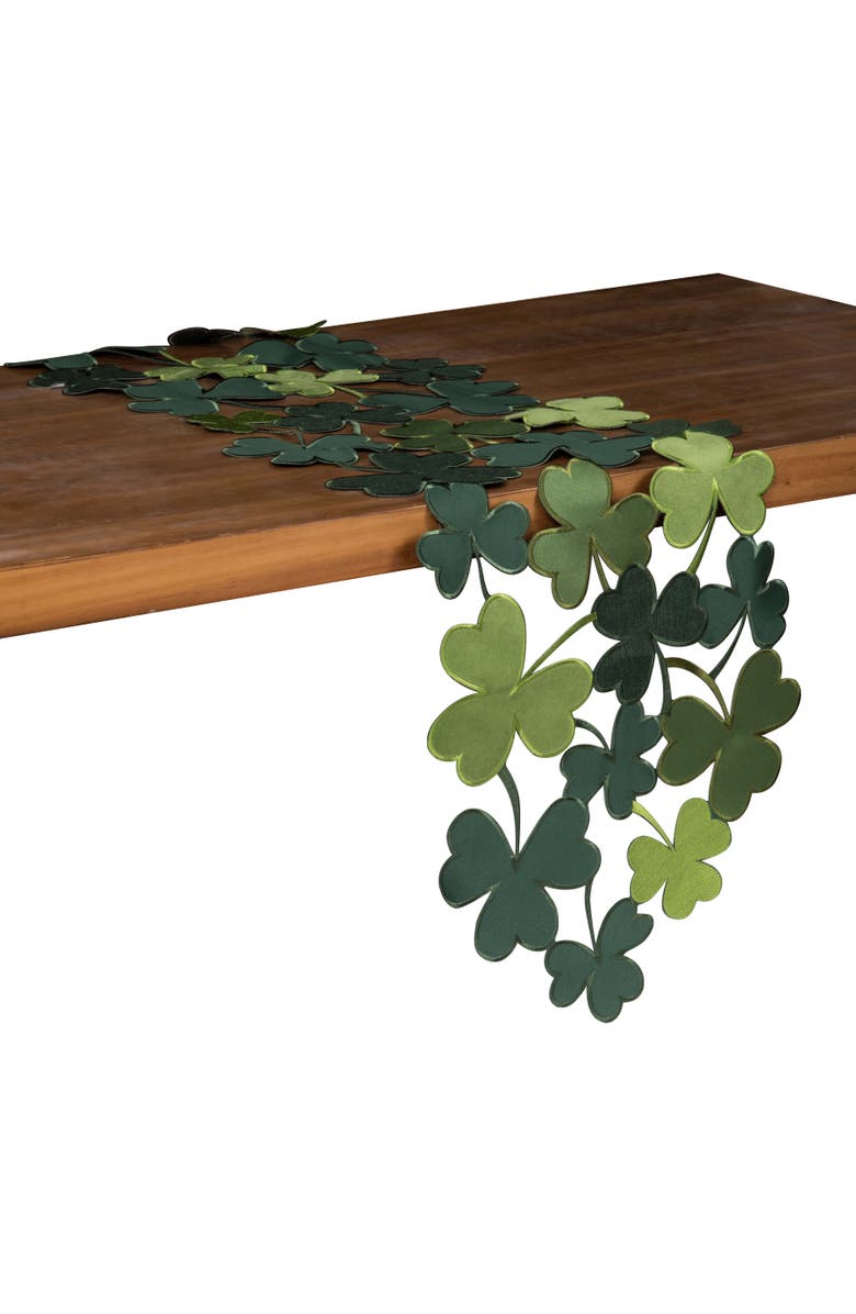 C&F Home Clover Shamrocks Shaped Cutwork St. Patrick's Day Table Runner 14" x 68", Alternate, color, Green