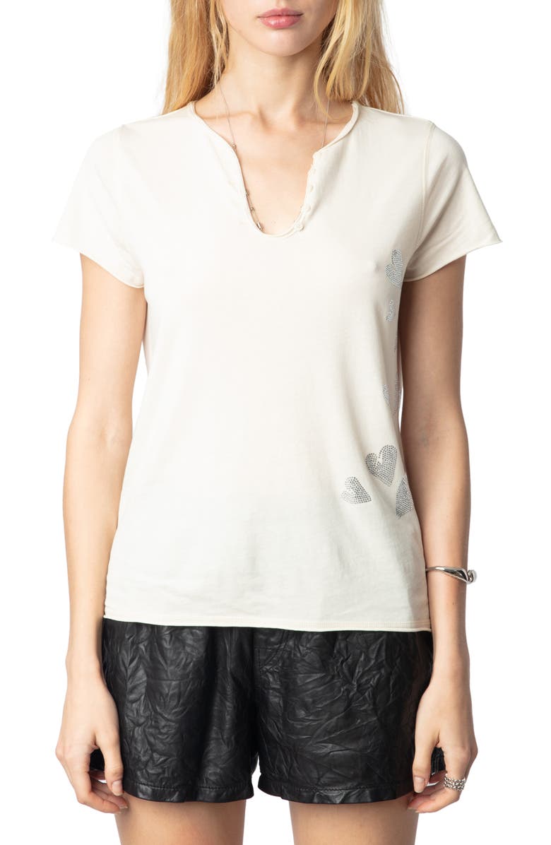 Zadig & Voltaire Tunisien Rhinestone Heart Henley T-Shirt, Main, color,