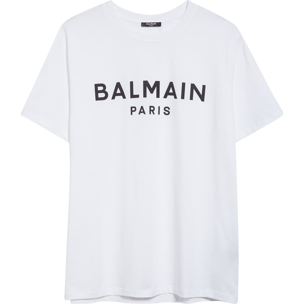 Balmain White Crewneck T-shirt With Contrasting Logo Lettering Print In Cotton Man In Gab White/black