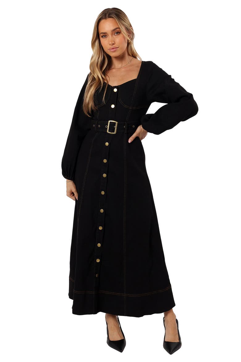 Mateo Long Sleeve Belted Denim Maxi Dress, Alternate, color, BLACK