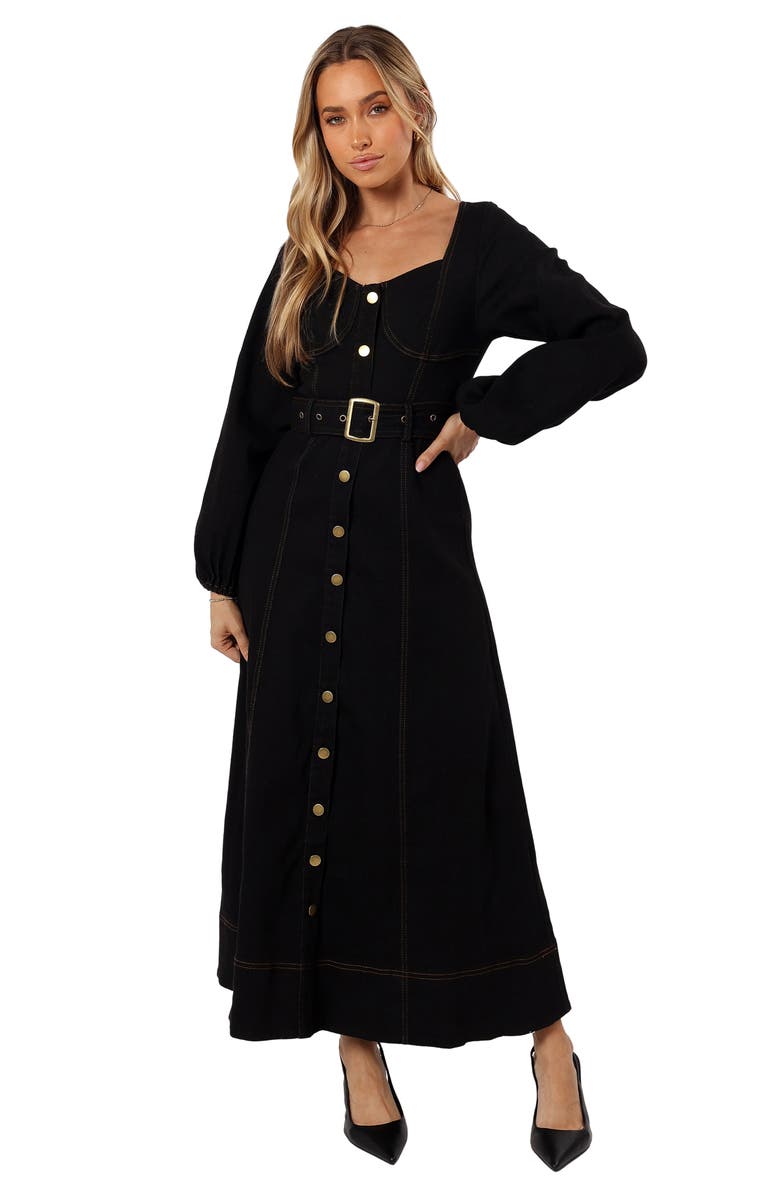 Petal & Pup Mateo Long Sleeve Belted Denim Maxi Dress, Alternate, color, Black