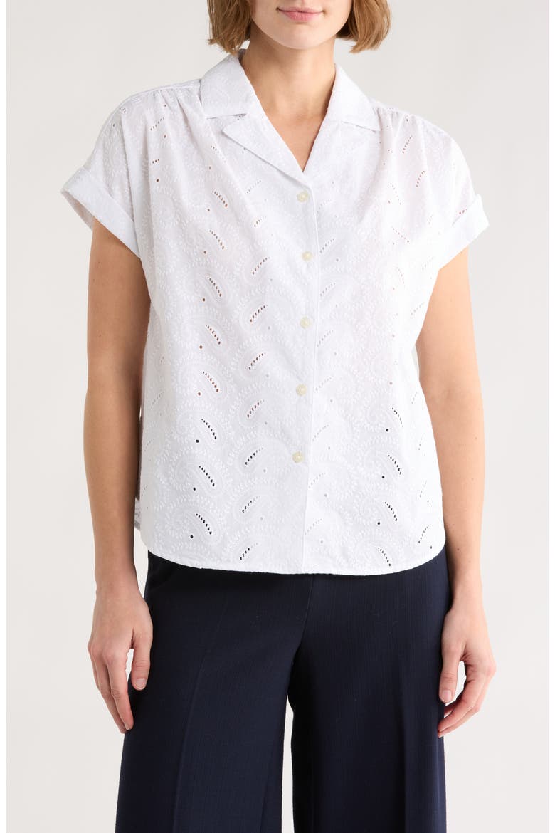 Paisley Eyelet Cotton Poplin Camp Shirt, Main, color, WHITE