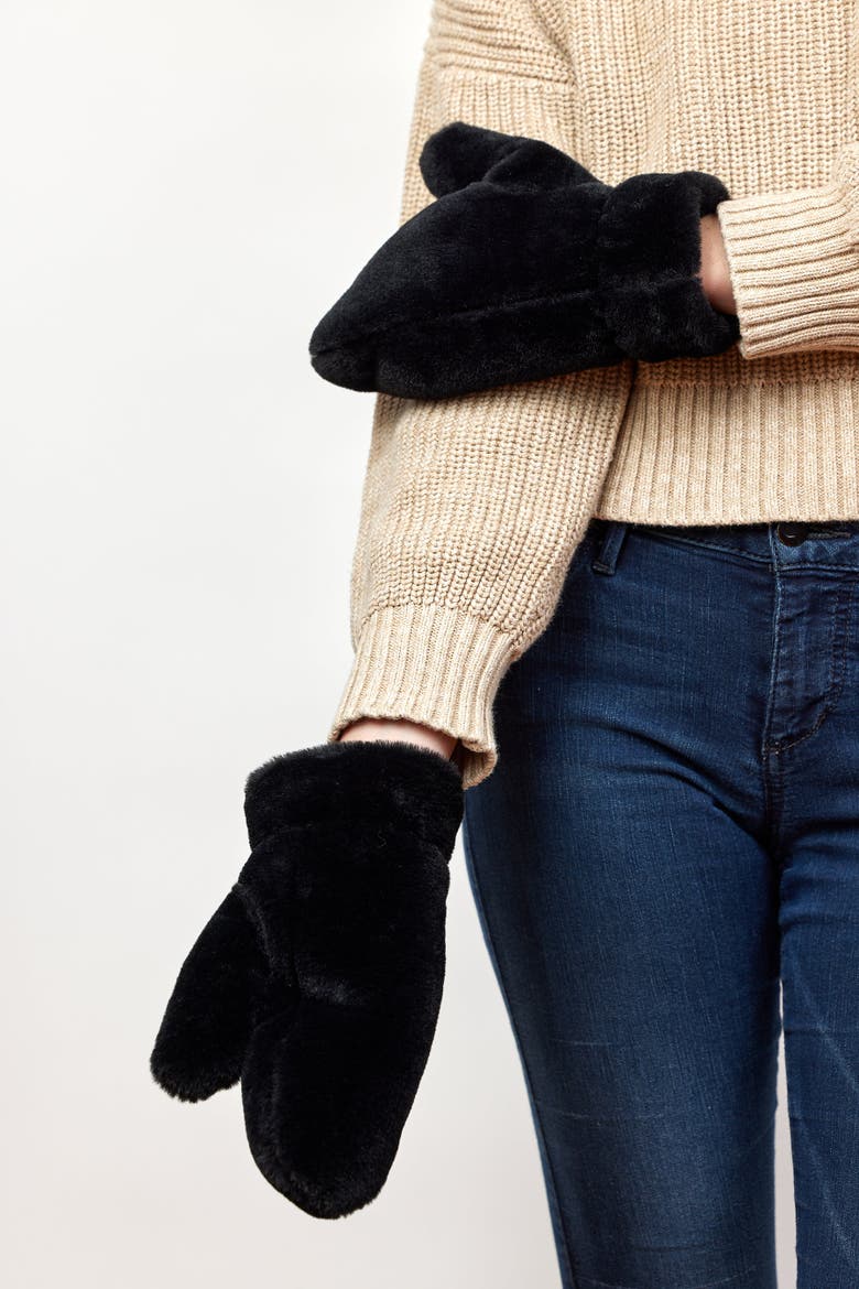 Faux Fur Mitten, Alternate, color, Black