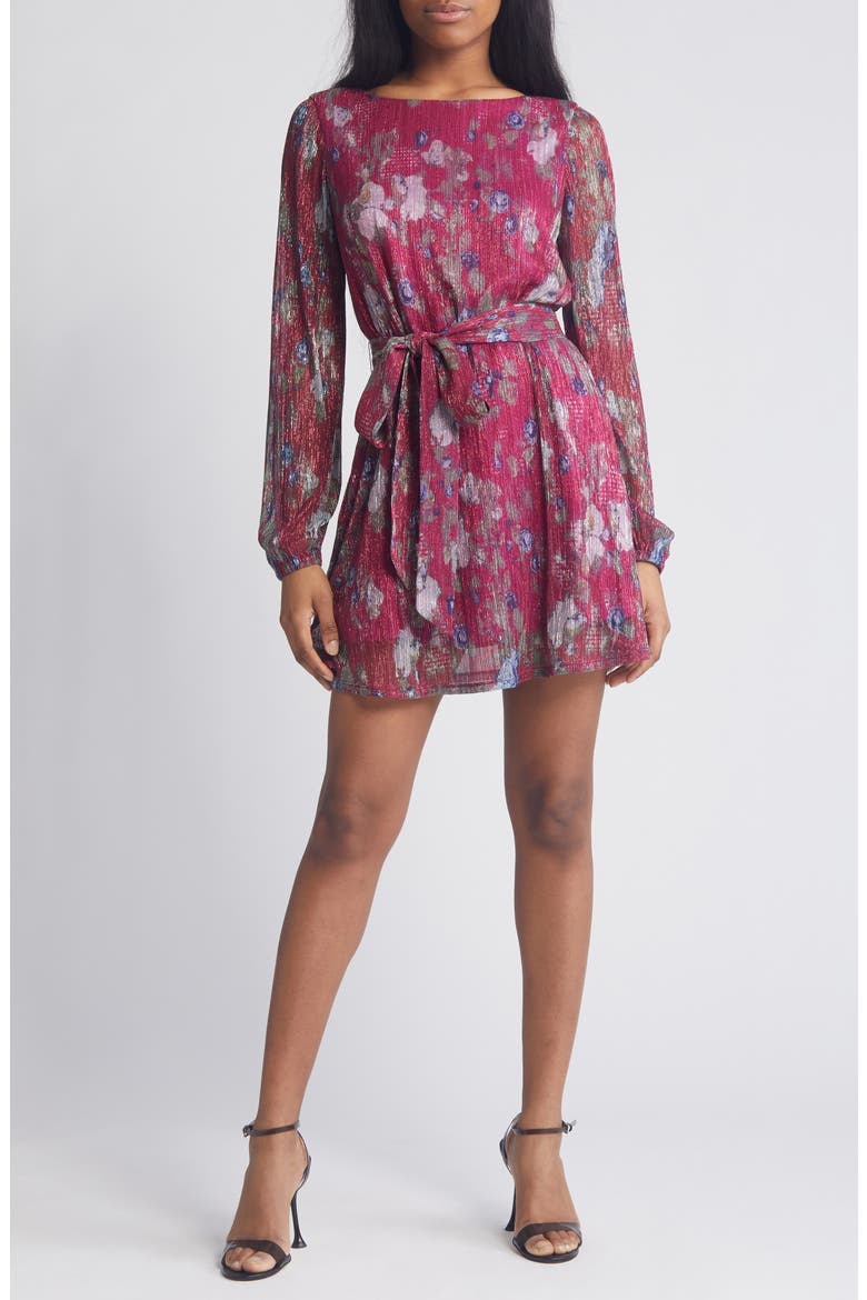 Kirsi Metallic Floral Long Sleeve Minidress, Main, color, FUCHSIA MULTI