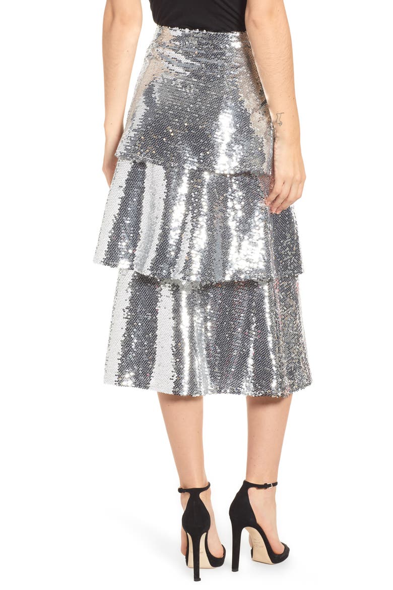 Tiered Sequin Midi Skirt, Alternate, color, SILVER