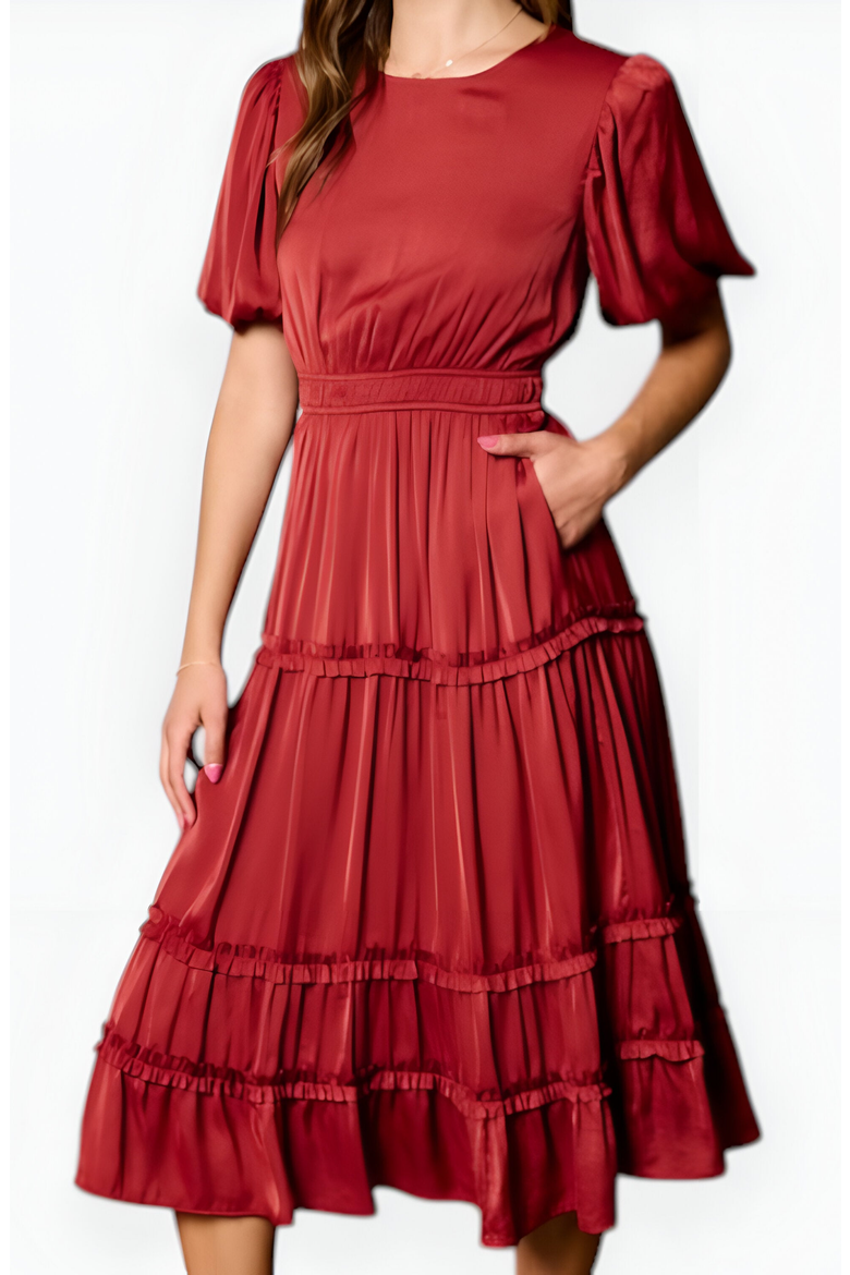 Tiered Puff-Sleeve Shirred Elastic-Waistband Midi Dress, Alternate, color, Rust Red