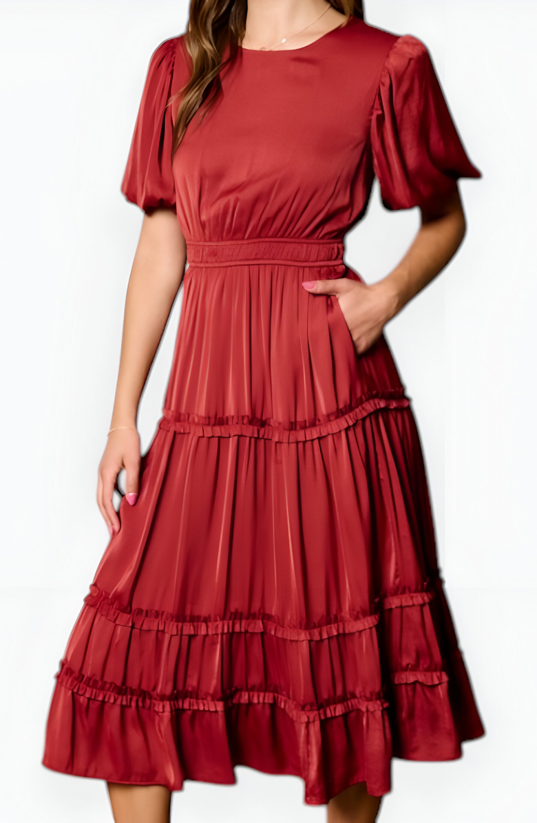 Modenaire Tiered Puff-Sleeve Shirred Elastic-Waistband Midi Dress, Alternate, color, Rust Red