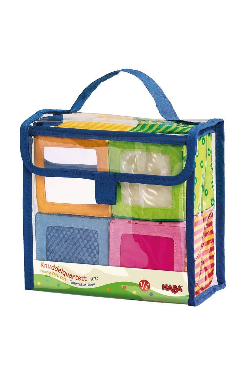 HABA Soft Blocks for Babies 6-12 Months, Happy Quartett Sensory Toy Features a Unique Sound & Texture in All 4 Baby Blocks, Main, color, Multi