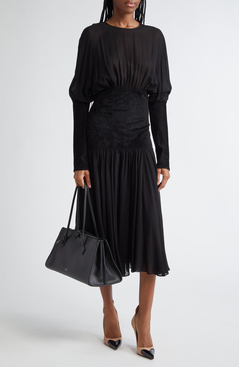 Alaïa Knit Band Chiffon Midi Dress, Main, color, Noir Alaia