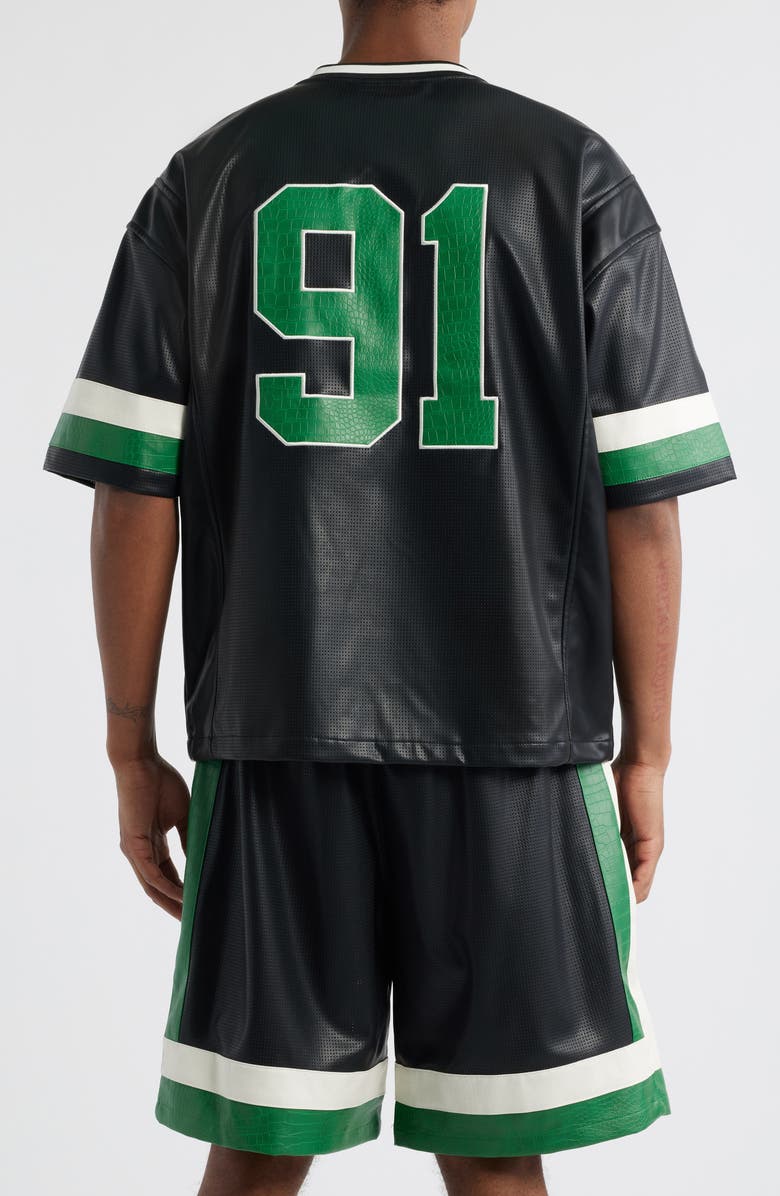 CRIMINAL DAMAGE Stadium Faux Leather Jersey, Alternate, color, Black/Green/White