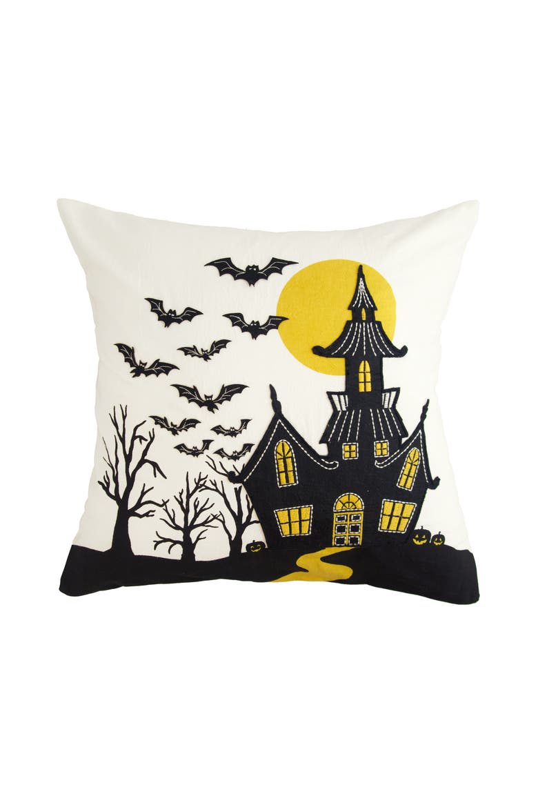 House & Flying Bats Cotton Blend Halloween Accent Throw Pillow 18" x 18", Main, color, Black