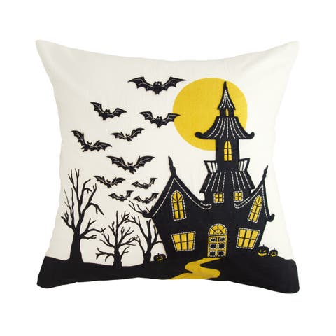 House & Flying Bats Cotton Blend Halloween Accent Throw Pillow 18" x 18"