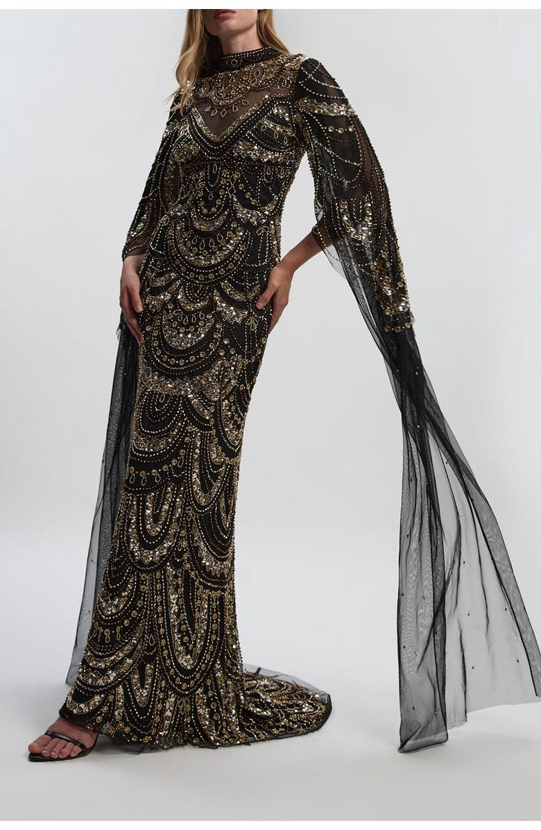 Karen Millen Beaded Midaxi Cape Dress, Alternate, color, Black