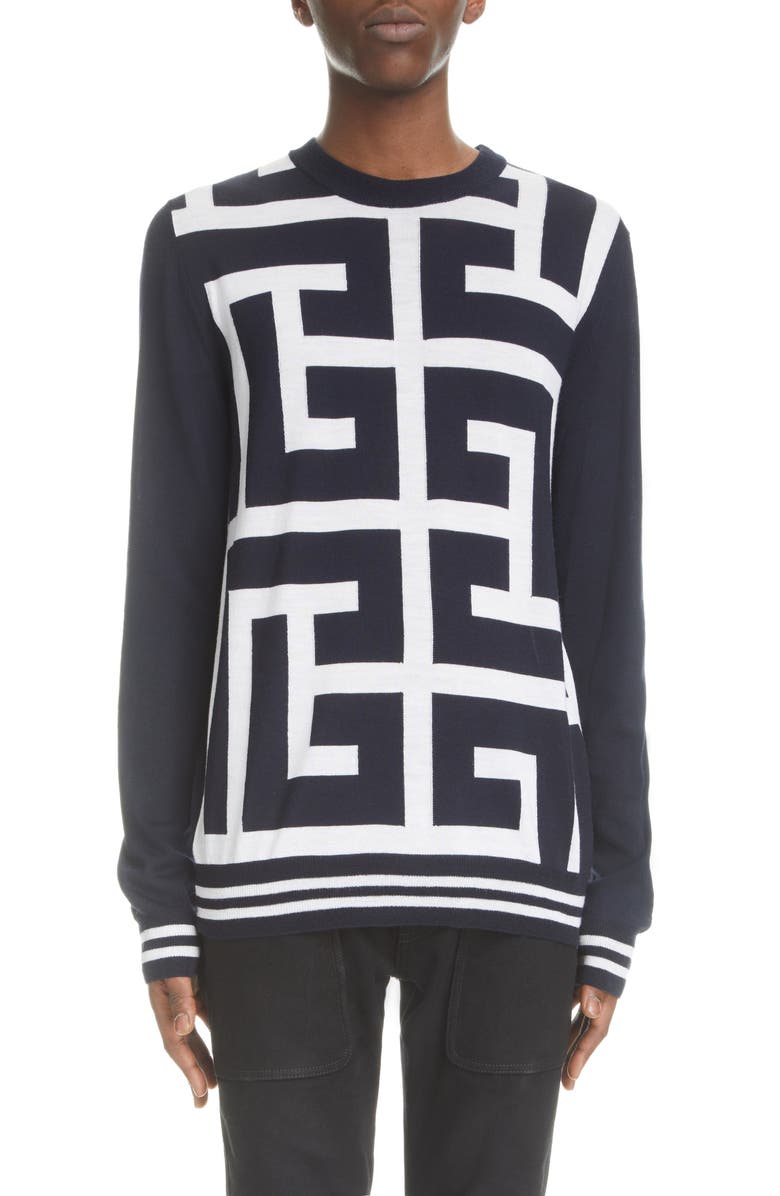 Balmain Maxi Monogram Merino Wool Sweater, Main, color, 