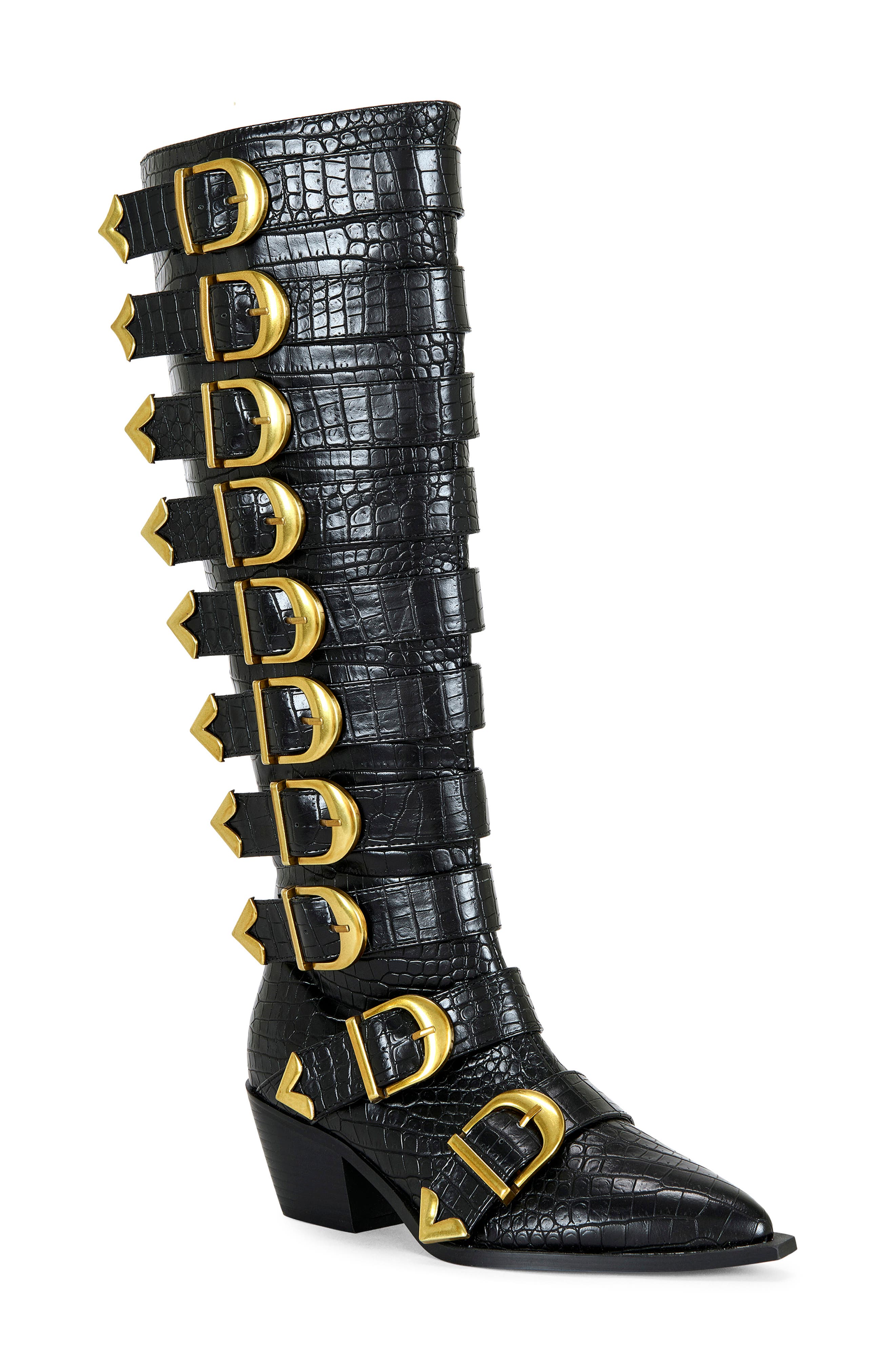 AZALEA WANG Graziana Knee High Buckle Boot, Main, color, Black