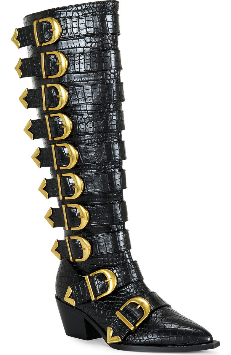 AZALEA WANG Graziana Knee High Buckle Boot, Main, color, Black