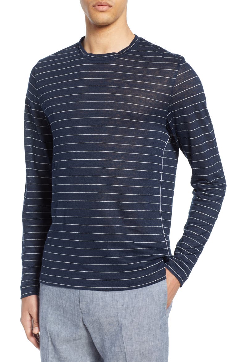 Long Sleeve Stripe Linen T-Shirt, Main, color, NAVY AND WHITE