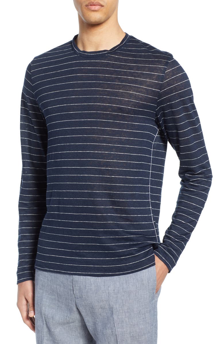 Club Monaco Long Sleeve Stripe Linen T-Shirt, Main, color,