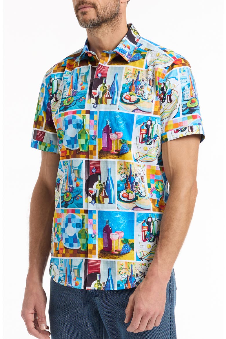 Wine & Dine Short Sleeve Cotton Button-Up Shirt, Alternate, color, WHITE/ BLUE MULTI