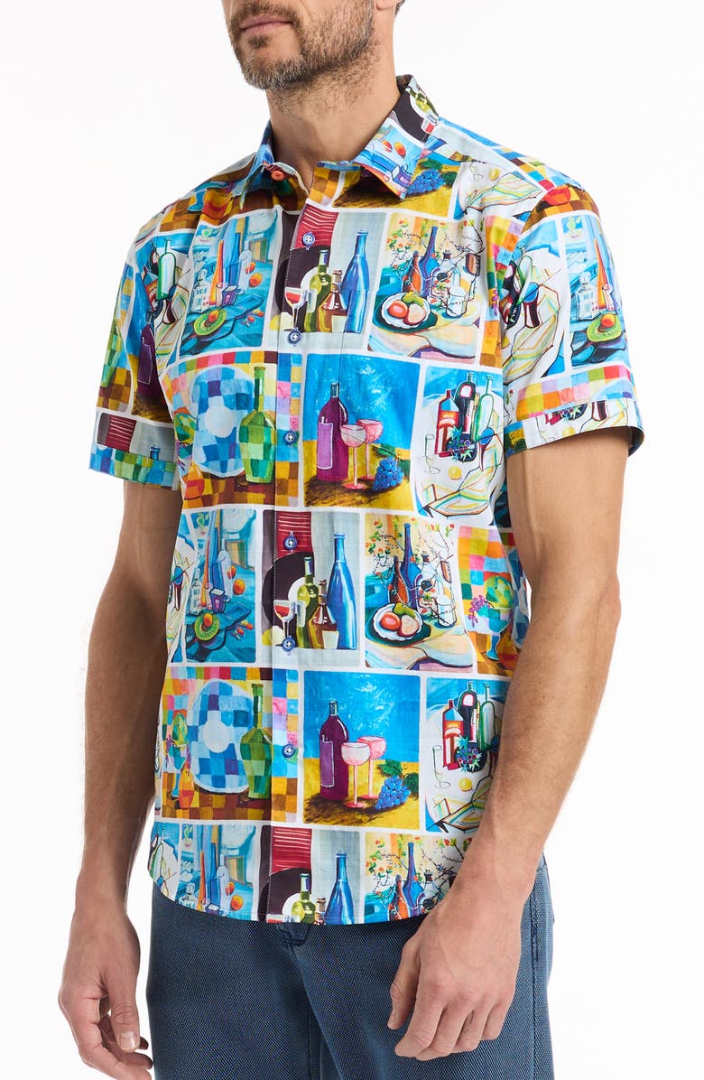 Robert Graham Wine & Dine Short Sleeve Cotton Button-Up Shirt, Alternate, color, White/ Blue Multi