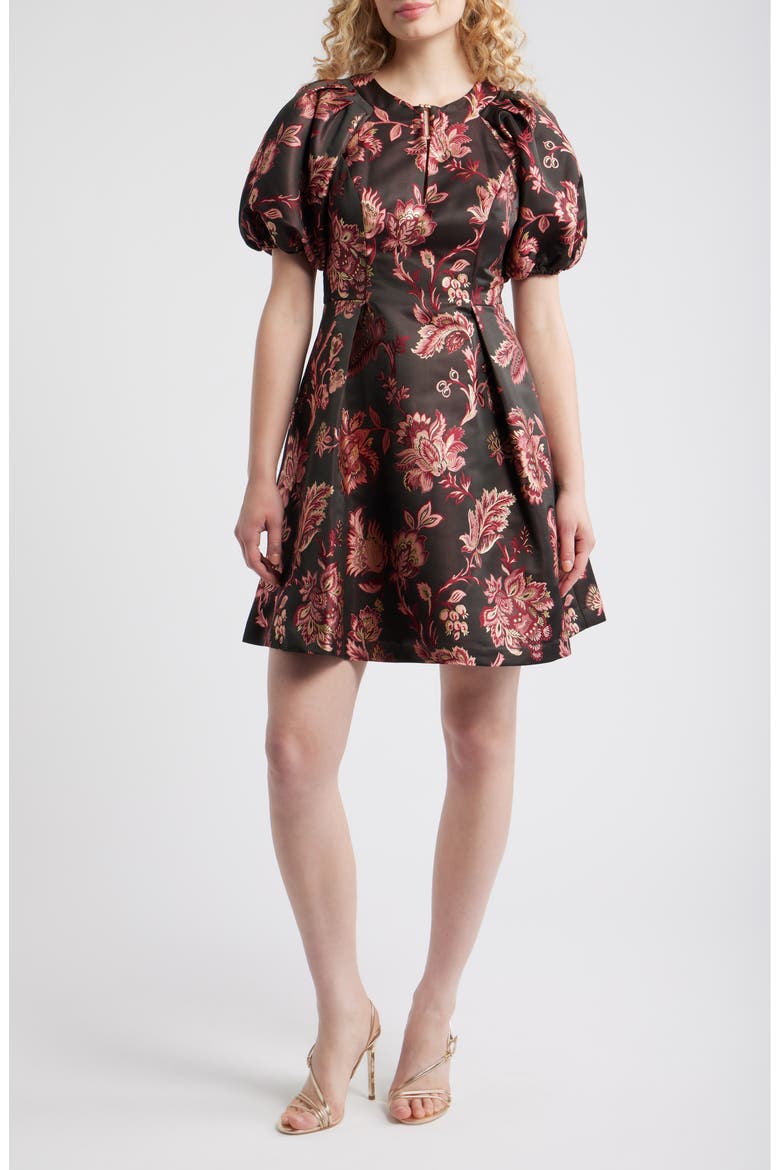 Floral Jacquard Fit & Flare Dress, Main, color, BLACK RED MULTI