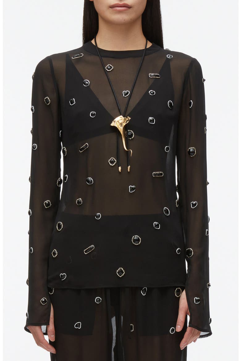 Embellished Silk Chiffon Long Sleeve Top, Main, color, BLACK