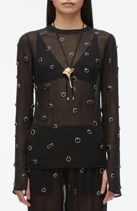Embellished Silk Chiffon Long Sleeve Top