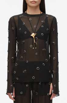 Embellished Silk Chiffon Long Sleeve Top