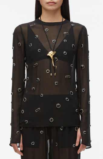 Embellished Silk Chiffon Long Sleeve Top