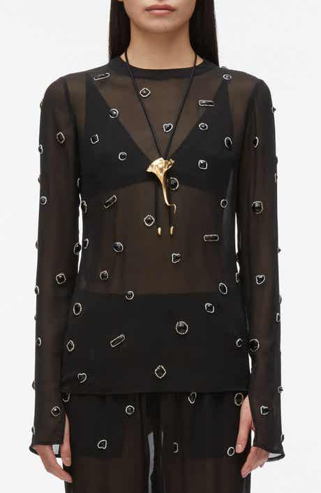 Embellished Silk Chiffon Long Sleeve Top