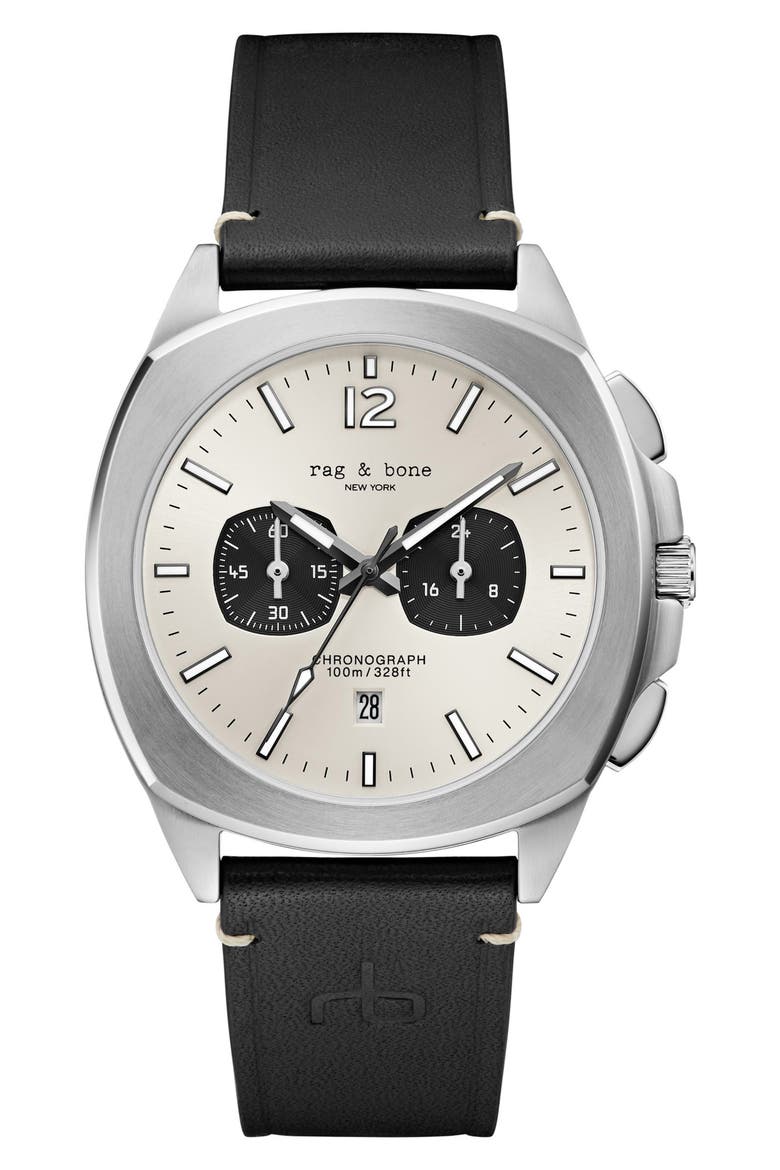 Bleeker Chronograph Leather Strap Watch, 42mm, Main, color, BLACK