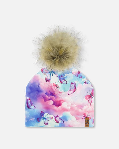 Baby Girl's Printed Jersey Detachable Pompom Hat Butterflies On Multicolored Background