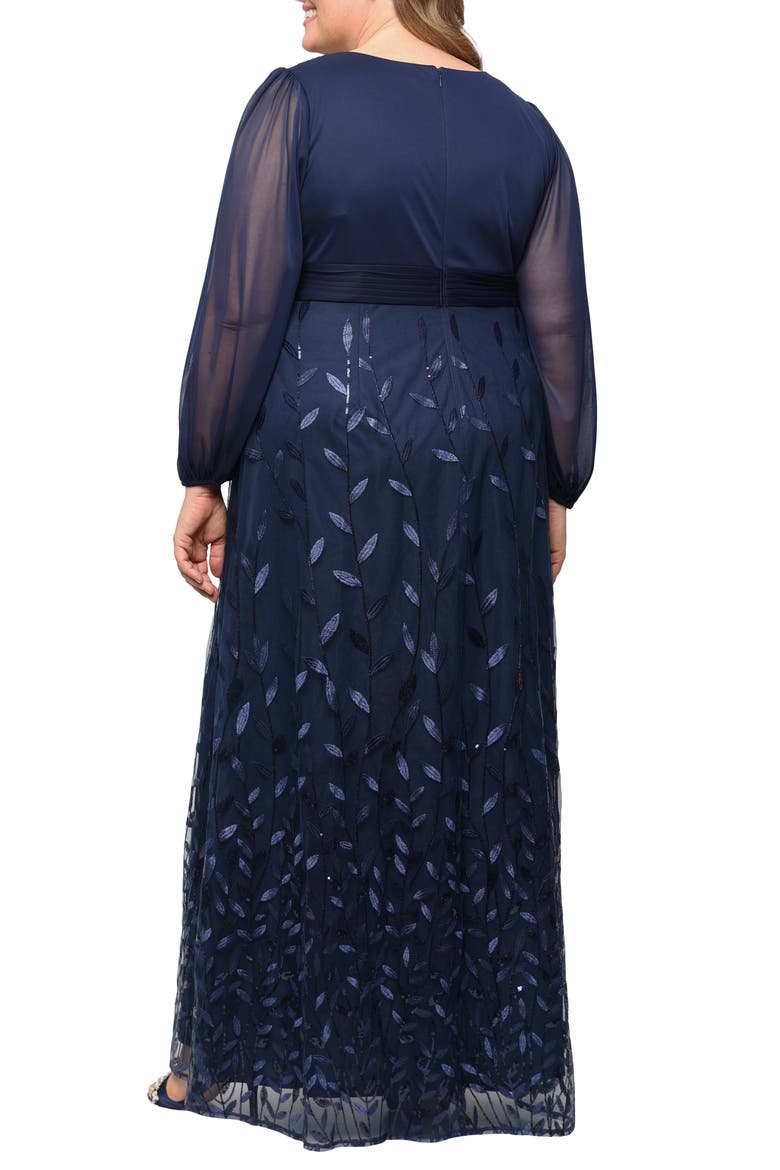 Embroidered Long Sleeve A-Line Gown, Alternate, color, NAVY
