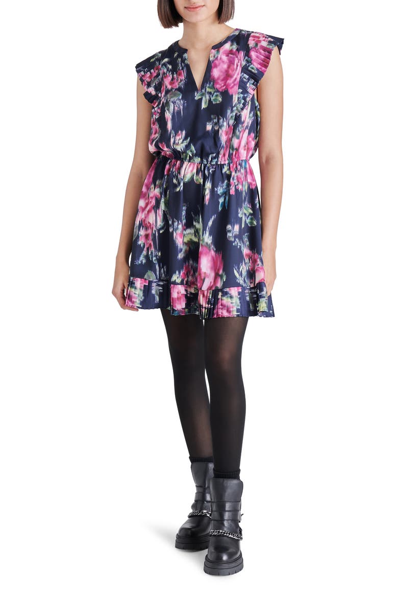 Floral Ruffle Trim Minidress, Main, color, NAVY