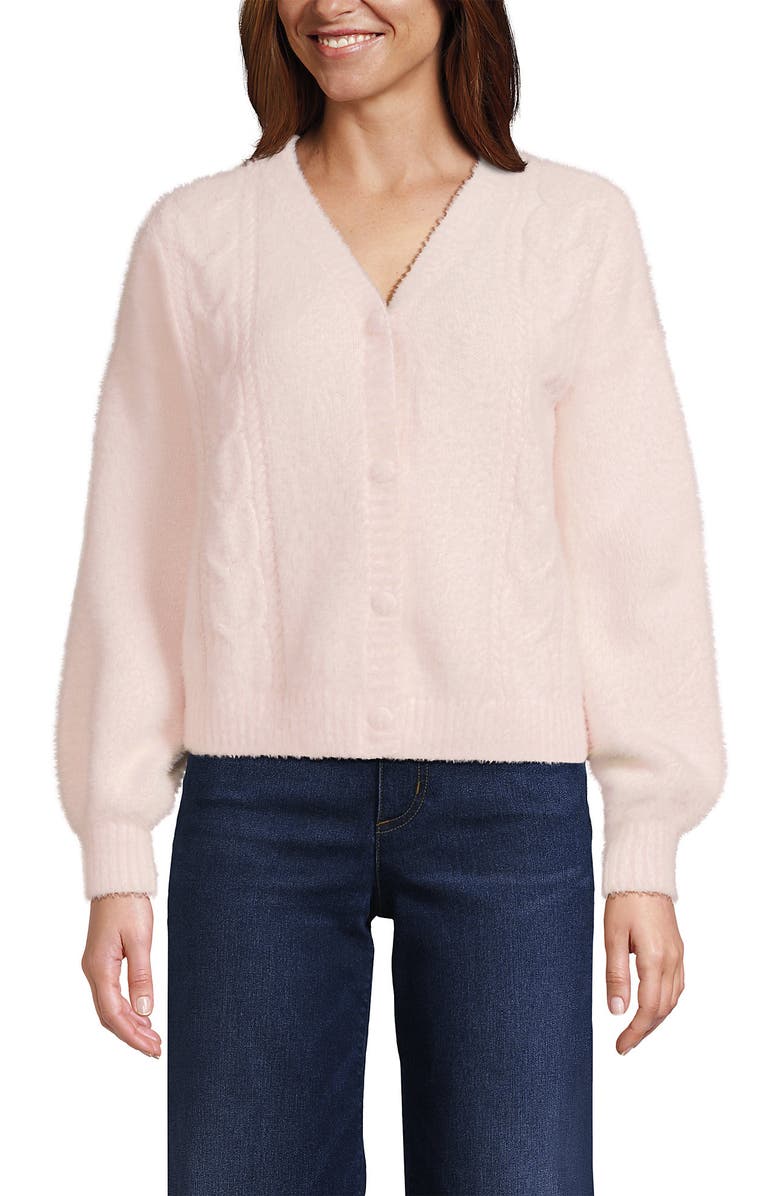Lands' End Fuzzy Eyelash Cable Cardigan Sweater, Alternate, color, Blush