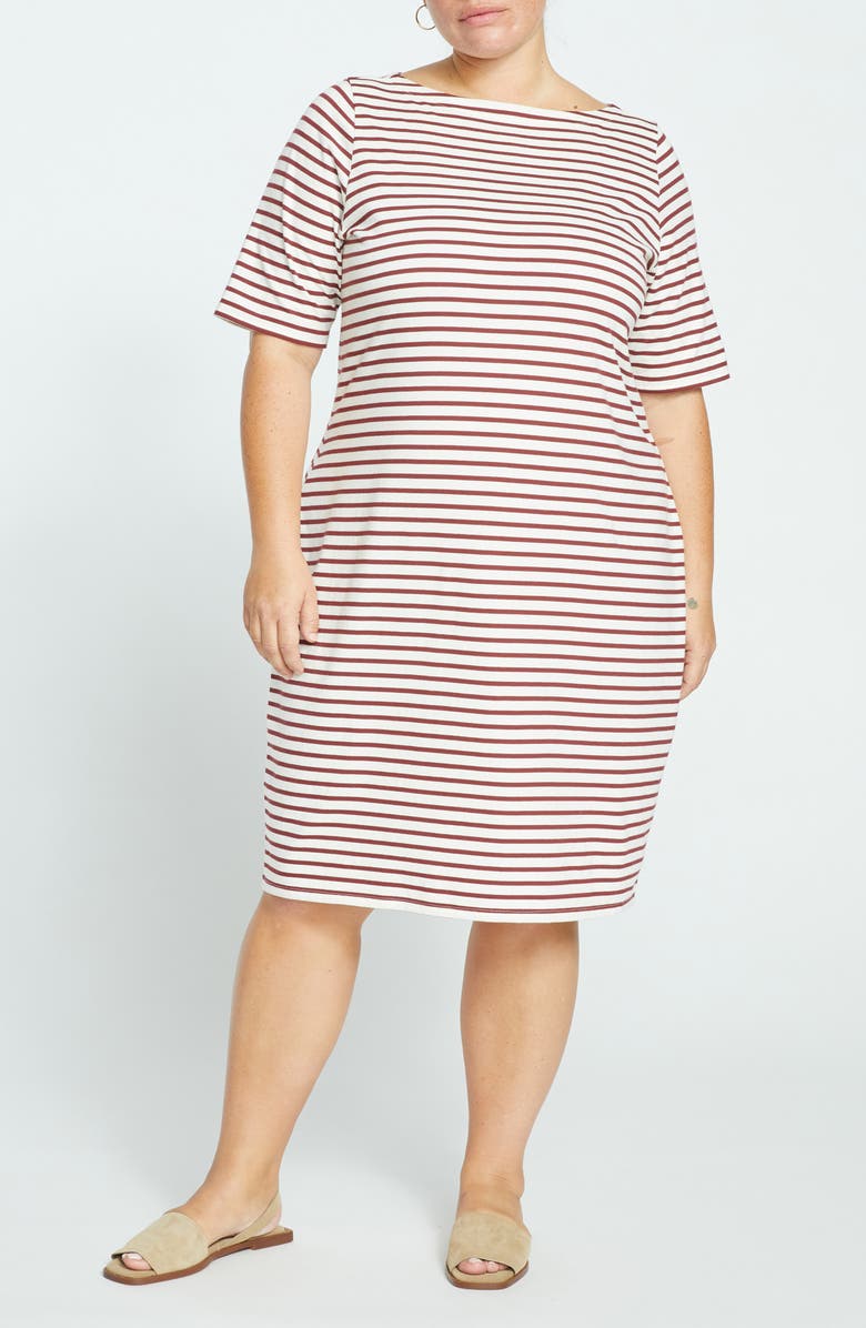 Universal Standard Belle Breton Stripe Cotton Jersey Dress, Main, color, Ecru/ Burgundy Stripe