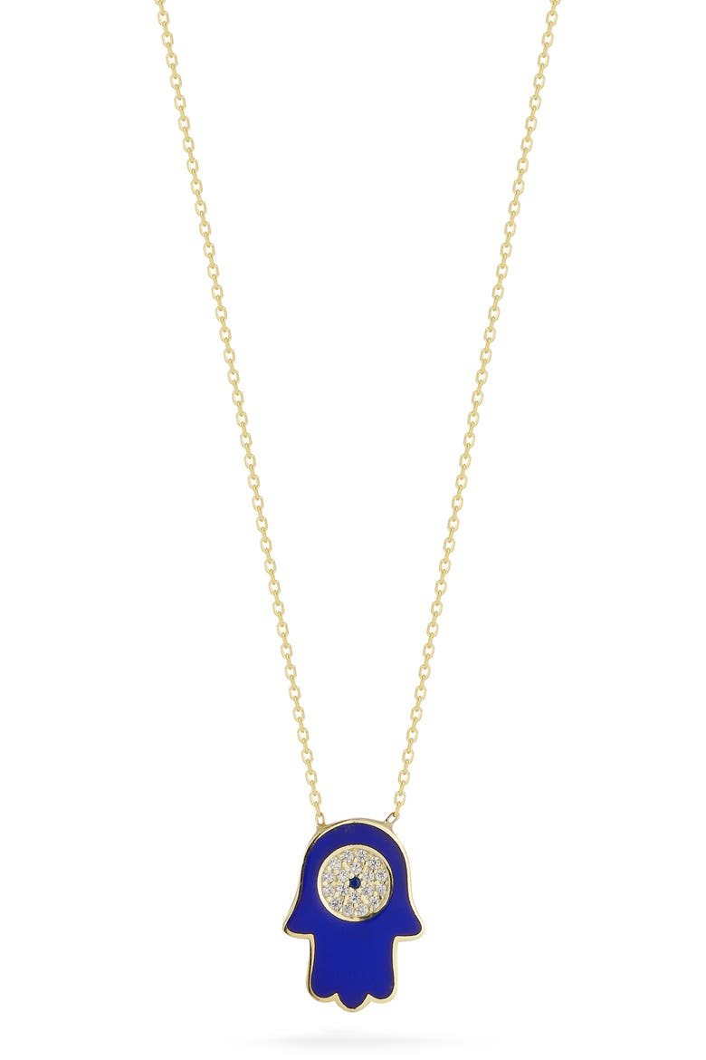 14K Gold Plated Cubic Zirconia Enamel Hamsa Pendant Necklace, Main, color, GOLD
